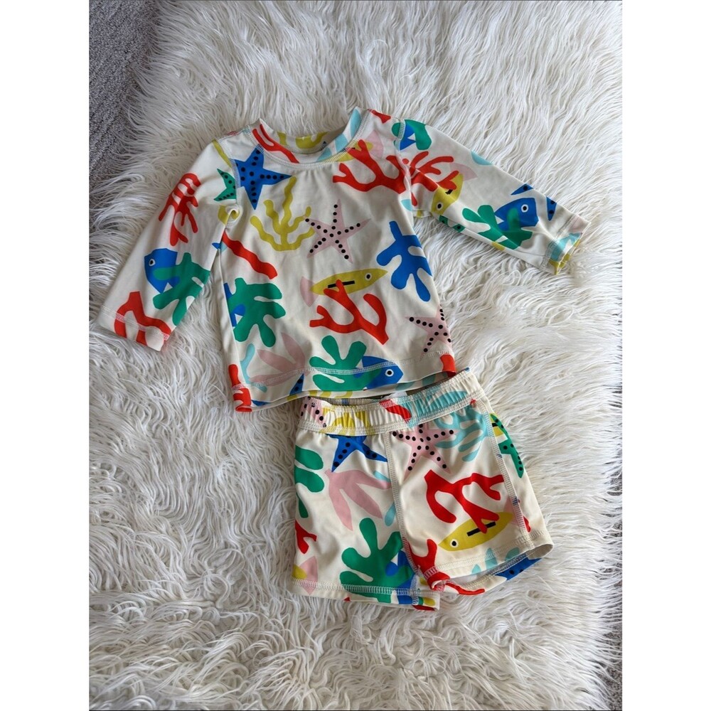 Hanna Anderson Fish and Coral Two Piece Swim Suit Rash Guard Shorts